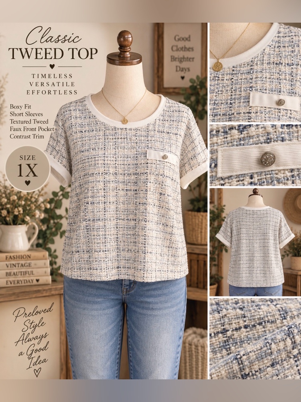Tweed style Textured knit-Short-nicu - Sleeve Top-1X 46” bust